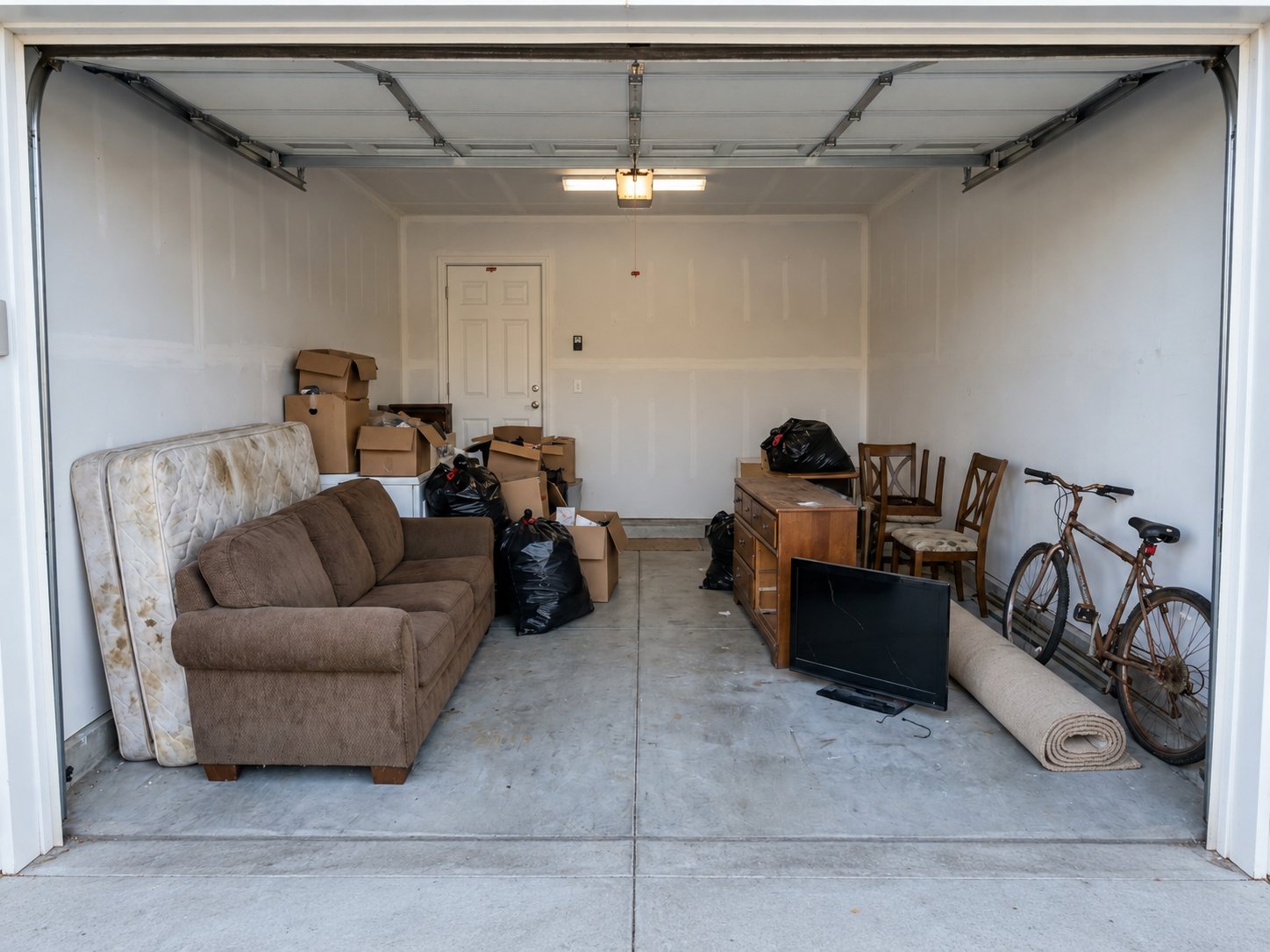 Example photo: a garage packed with junk before a cleanout